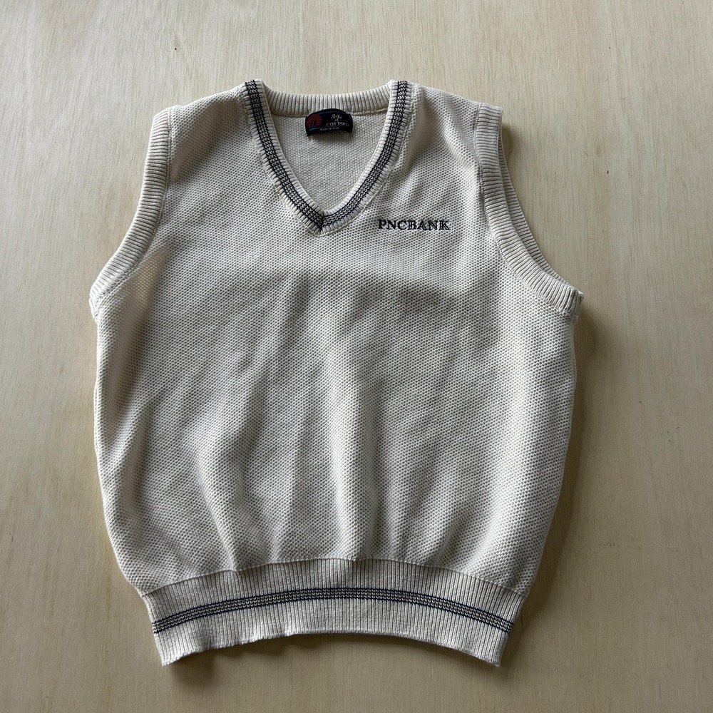 Vintage 90s Isle Of Cotton Sweater Vest Mens Large White V Neck PNC Bank USA